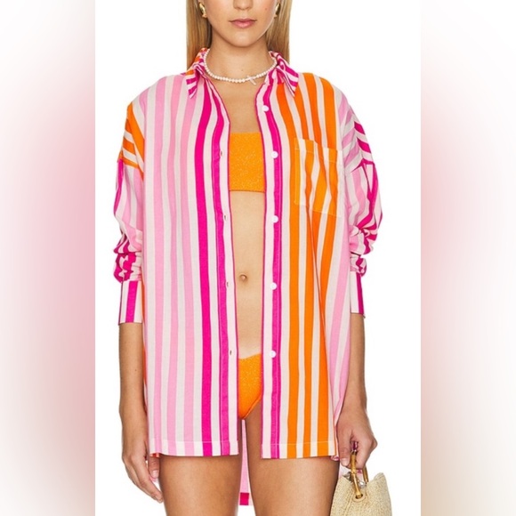 Beach Riot Tops - Beach Riot Pink Orange Stripe Alexa Long Sleeve Cotton Cover-Up Top Resortwear